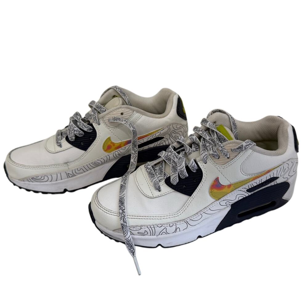 Nike Air Max 90 Girls Sneakers White Multicolor Swoosh Topographic Size 6Y